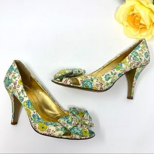 J. Crew Floral Peep Toe Heels Bow Leather Size 5.5